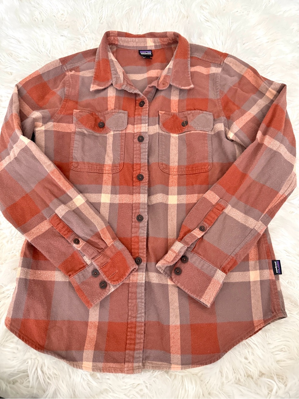 Patagonia Orange and Tan Plaid Button-Down Women's Shirt